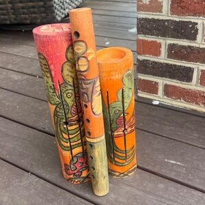 Carved Wooden Flute and Drum Set